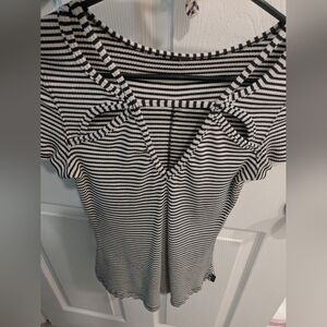 Free People Black and White Striped Short Sleeve Ribbed Tee